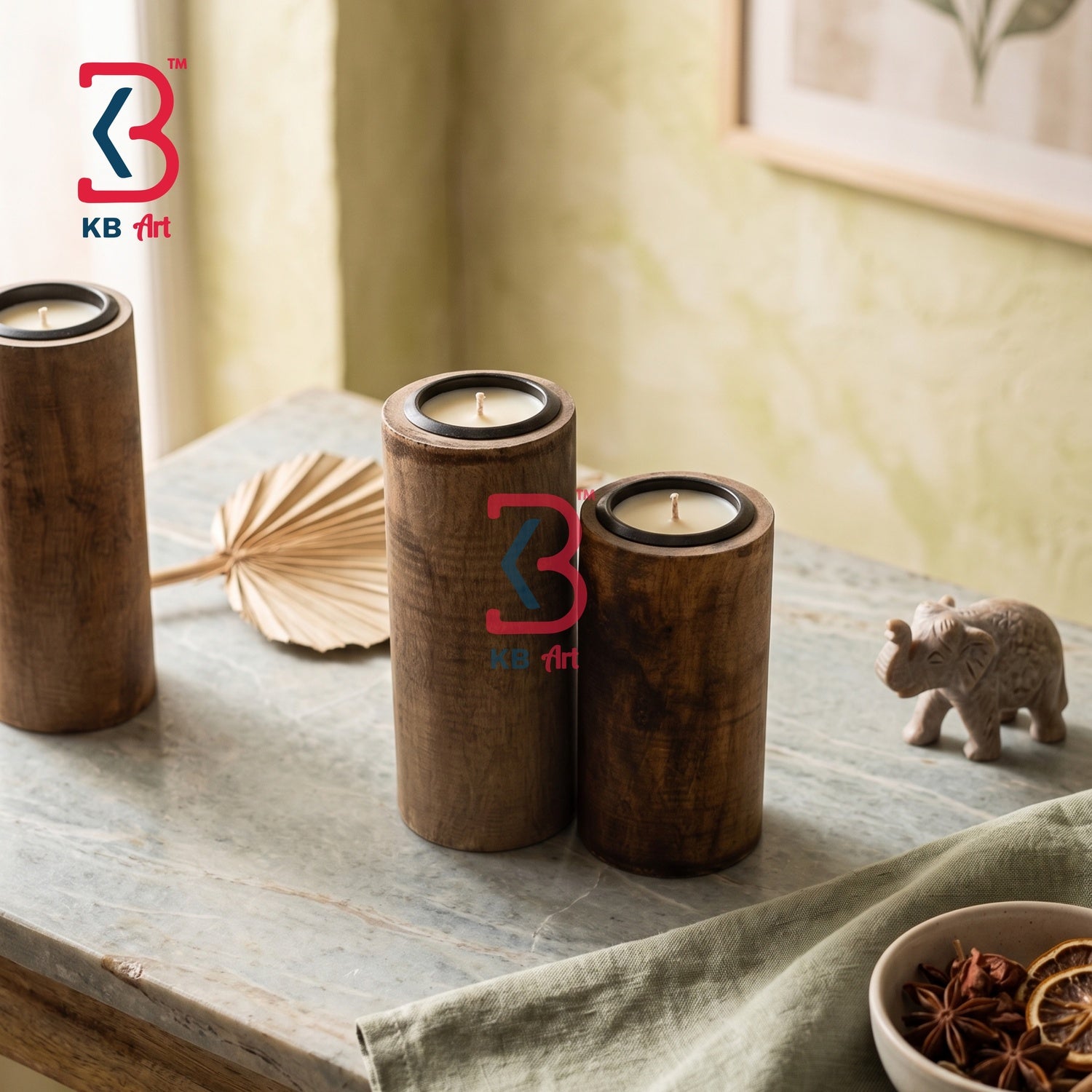 KB ART Handcrafted Wooden Pillar Candle Holders - Close-Up of Hand-Carved Artisan Texture - Handcrafted Wooden Decor Jodhpur