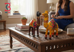 KB ART Pair Of Hand Painted Jodhpuri Wooden Camels Ethnic Rajasthani Figurines - Styled Display in Home Interior Setting - Handcrafted Wooden Decor Jodhpur