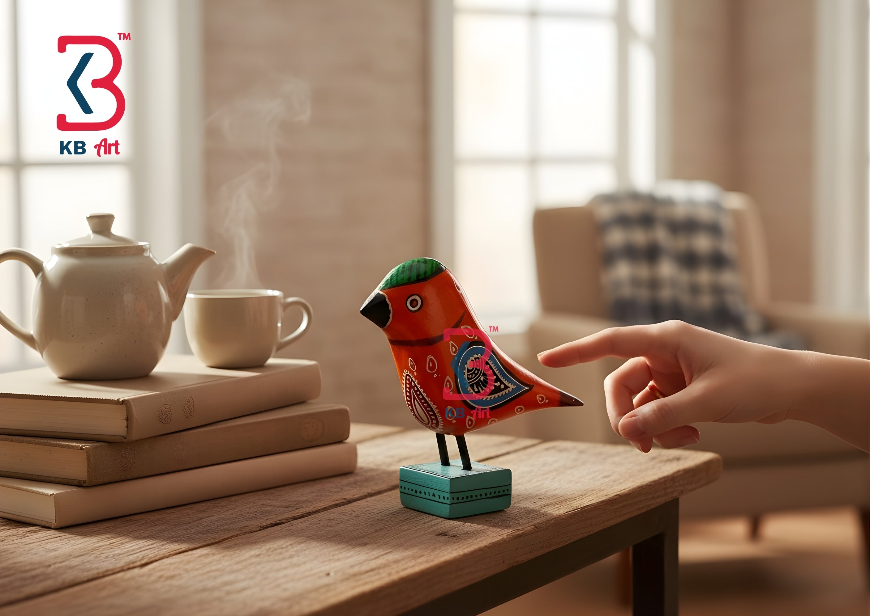 A colorful hand-painted wooden bird figurine on a small teal base, displayed on a wooden table next to a teapot and books in a cozy living room setting, with a human hand pointing toward it.
