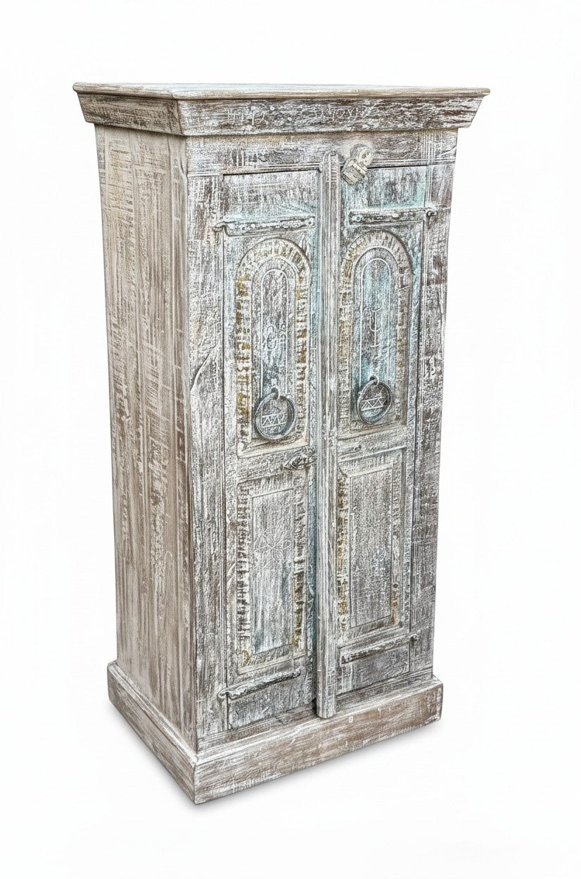 Eclectic Almirah - close-up detail of hand-carved solid wood finish and joinery, KBART SKU KBART-1036