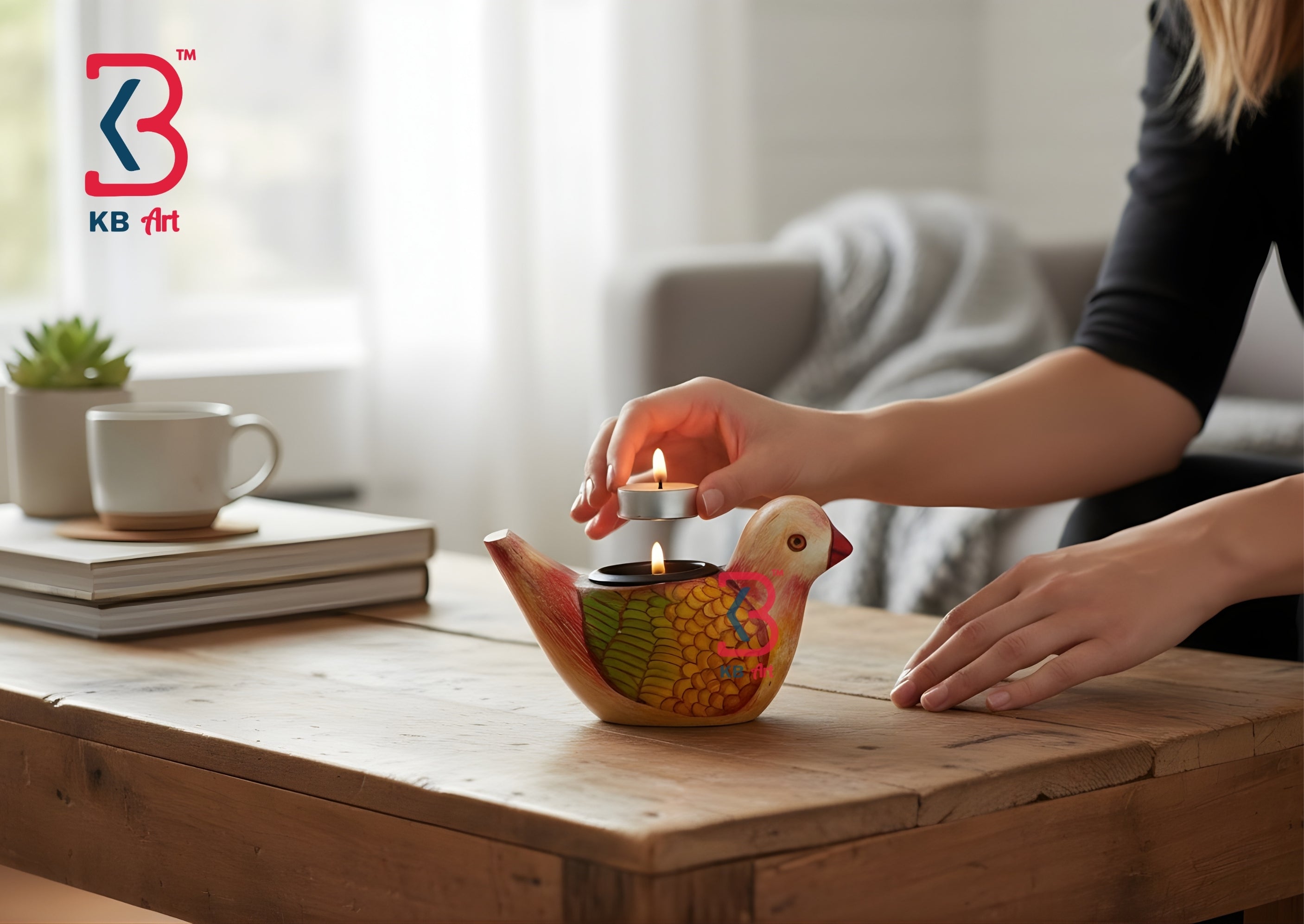 KB ART Wooden Duck Tlight Holder - Styled Display in Home Interior Setting - Handcrafted Wooden Decor Jodhpur