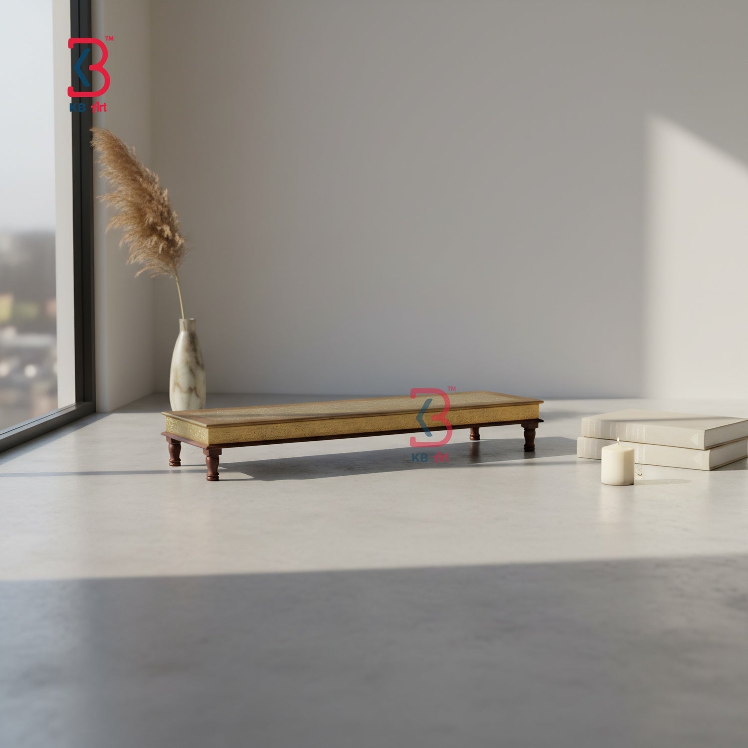 Minimalist interior with a wooden table, vase with dried plants, and candles on a light gray floor.