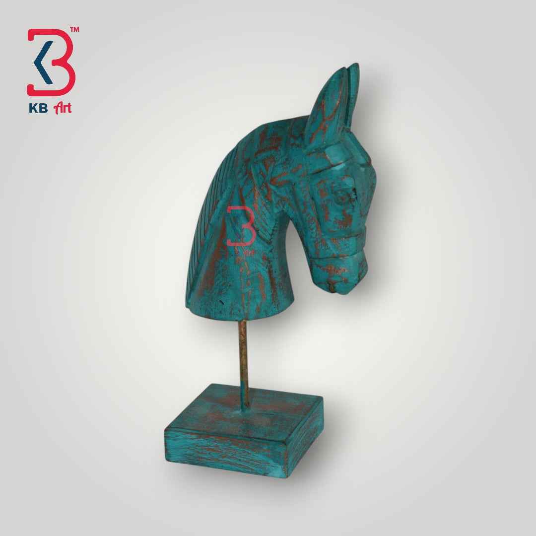 KB ART 11 Inch Wooden Handcarved Half Horse Head Statue with Stand –  Turquoise Distress Antique Look Table Decor with Gold Touch