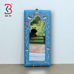 KB ART Handpainted Wooden Wall Mirror – Jodhpuri Blue Pattachitra Arch Frame |  Boho Jharokha Mirror | Traditional Indian Home Decor