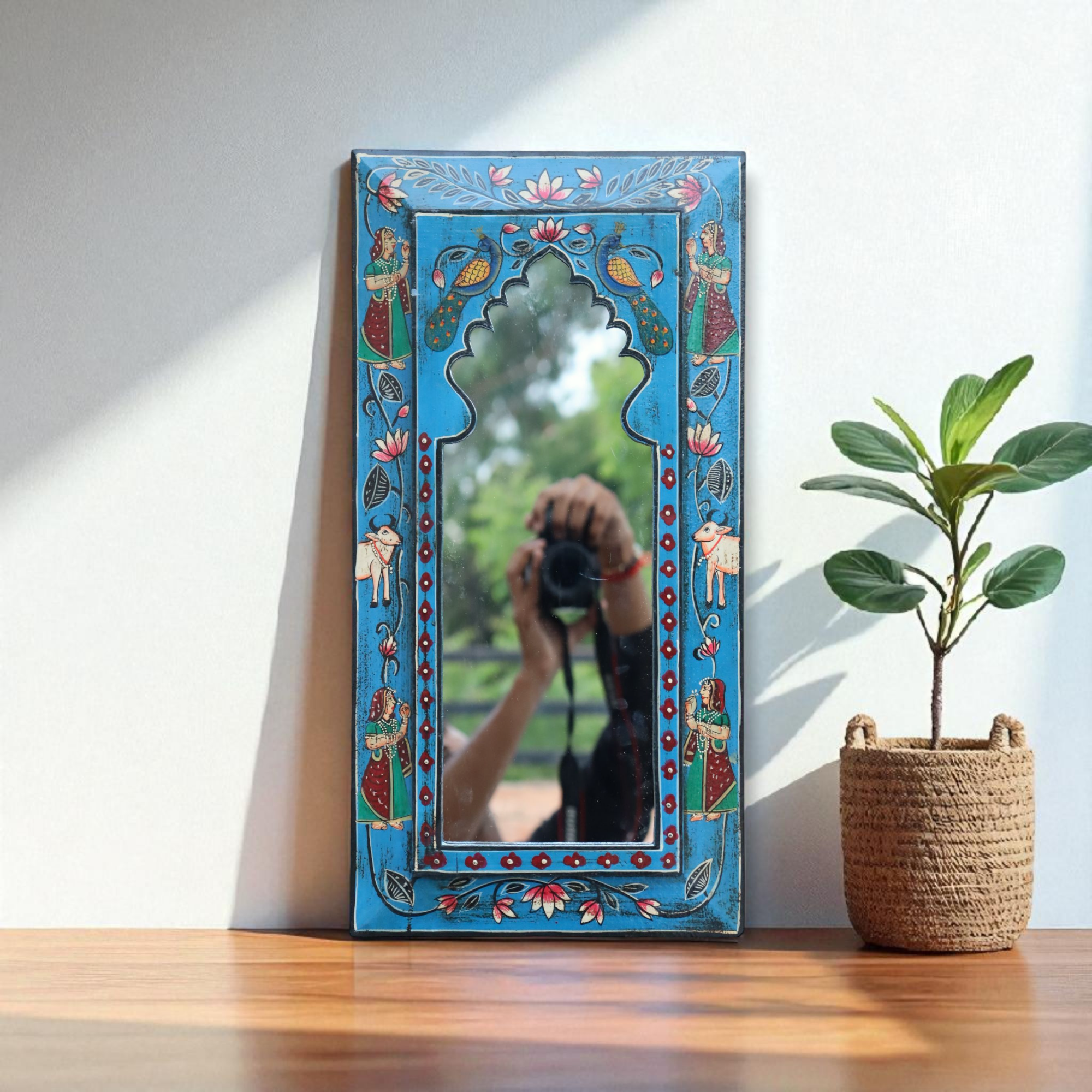 KB ART Jodhpuri Blue Handpainted Wooden Wall Mirror – 9.5x19 Inch  | Pichwai Cow & Lady Design | Arch Jharokha Boho Mirror for Home Décor