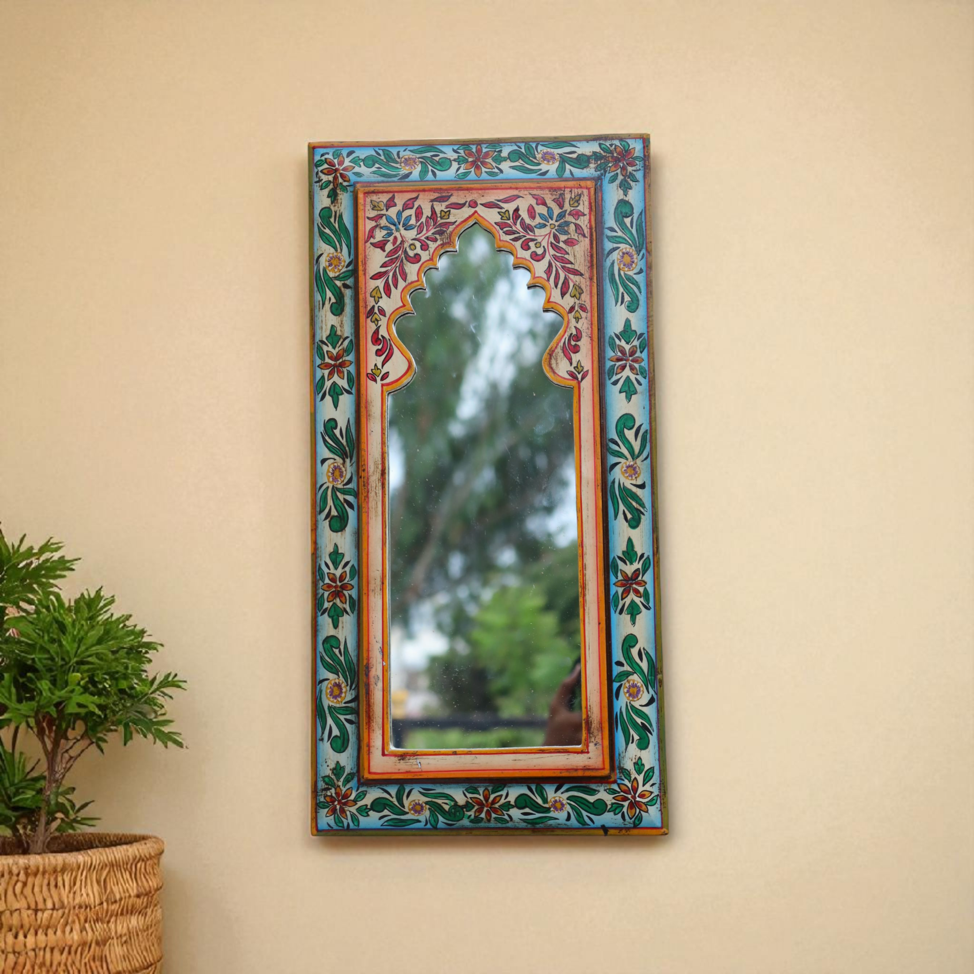 KB ART Multicolor Handpainted Wooden Wall Mirror – 9.5x19 Inch  | Traditional Misri Art Arch Mirror | Jharokha Boho Decor Frame