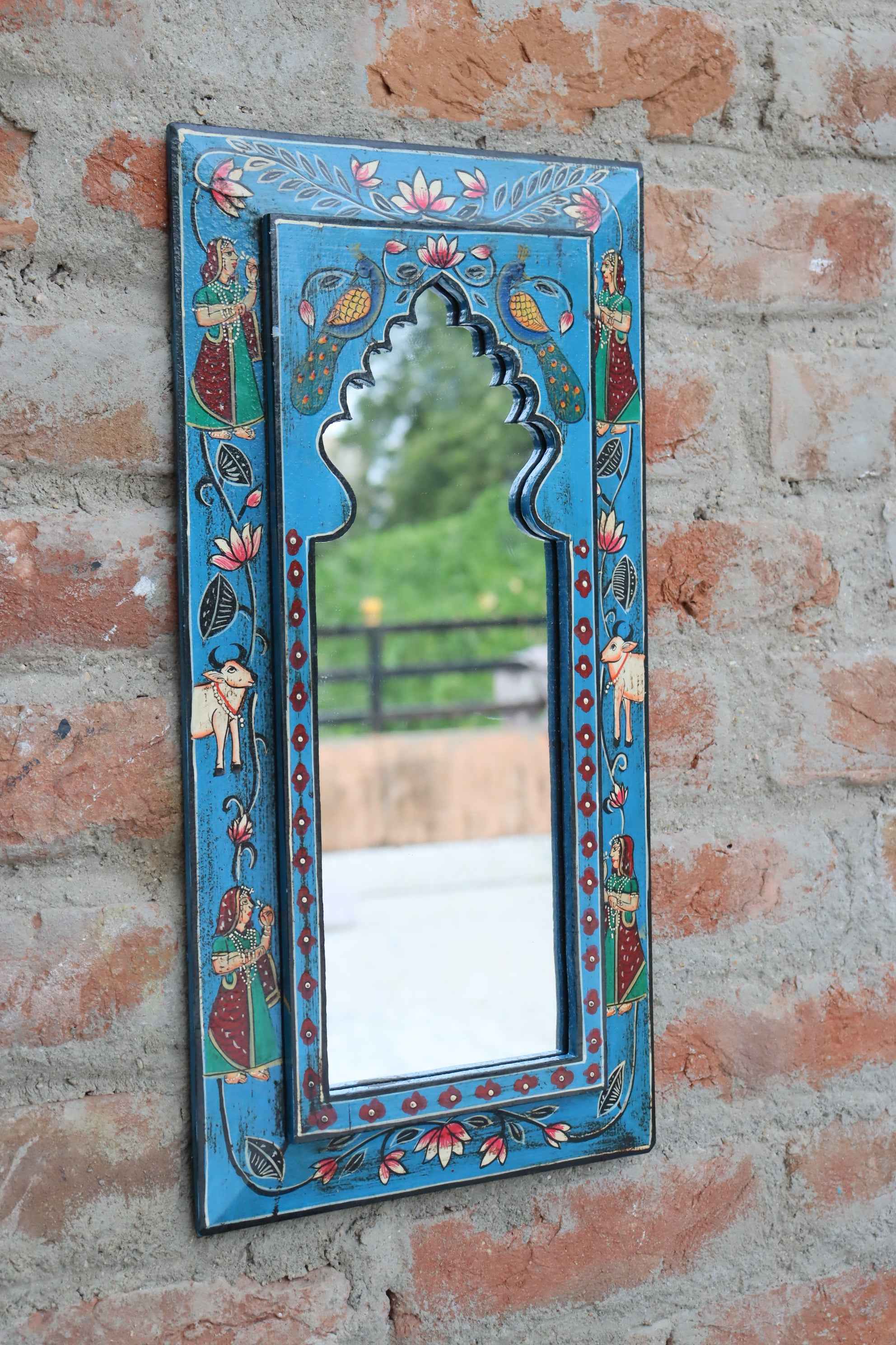 KB ART Jodhpuri Blue Handpainted Wooden Wall Mirror – 9.5x19 Inch  | Pichwai Cow & Lady Design | Arch Jharokha Boho Mirror for Home Décor