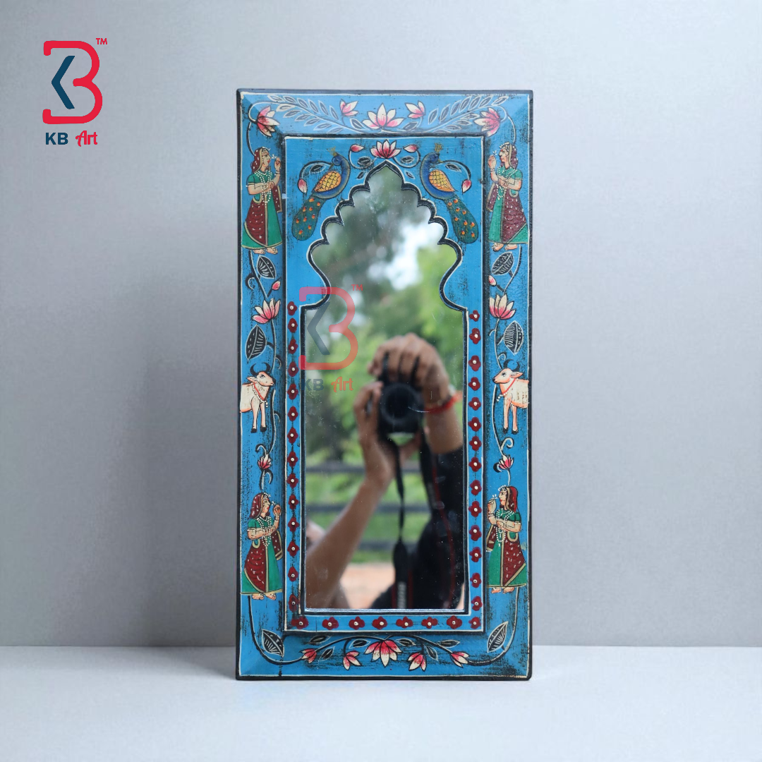 KB ART Jodhpuri Blue Handpainted Wooden Wall Mirror – 9.5x19 Inch  | Pichwai Cow & Lady Design | Arch Jharokha Boho Mirror for Home Décor