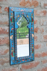KB ART Jodhpuri Blue Handpainted Wooden Wall Mirror – 9.5x19 Inch  | Pichwai Cow & Lady Design | Arch Jharokha Boho Mirror for Home Décor