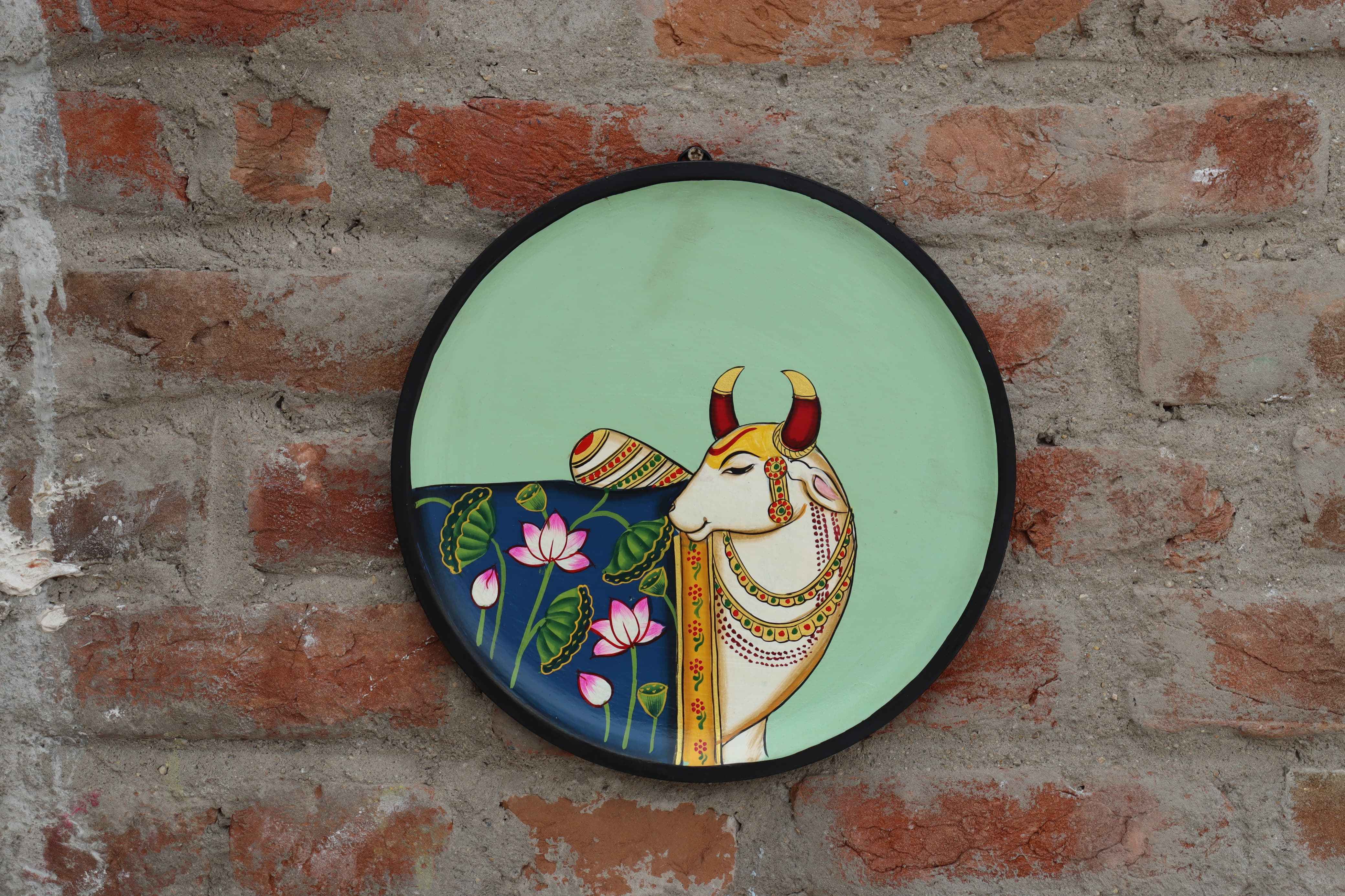 KB ART 12x12 Inch Round Wooden Pichwai Cow Wall Plate  | Handpainted Blue Lotus Cow Art | Traditional Indian Home Decor