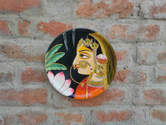 KB ART 12x12 Inch Round Handpainted Wooden Pichwai Wall Plate –  Radha Rani Face Art on Black Base – Traditional Rajasthani Wall Decor