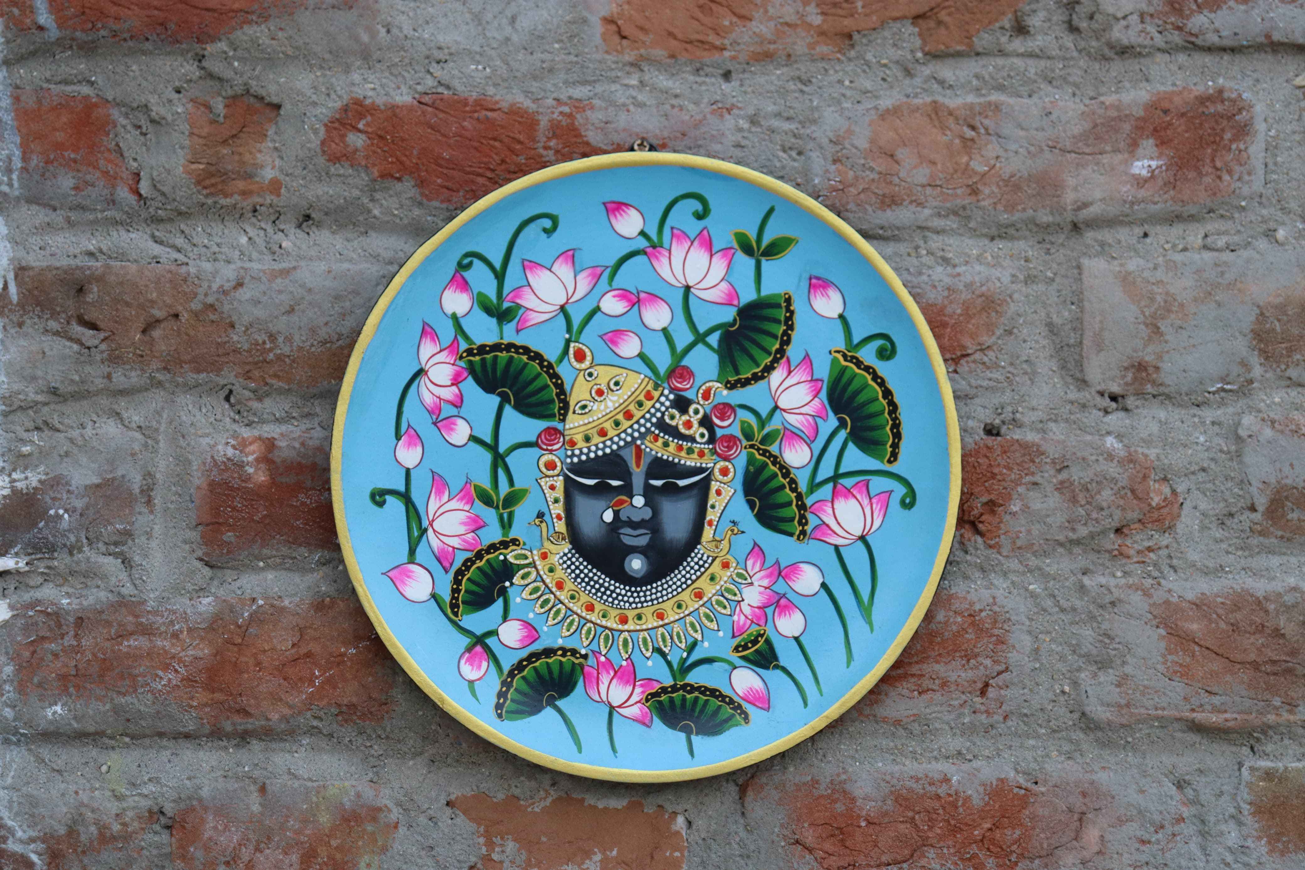 KB ART 12x12 Inch Wooden Handcarved Pichwai Shrinathji Wall Plate  | Handpainted Blue Pichwai Art | Traditional Indian Wall Decor