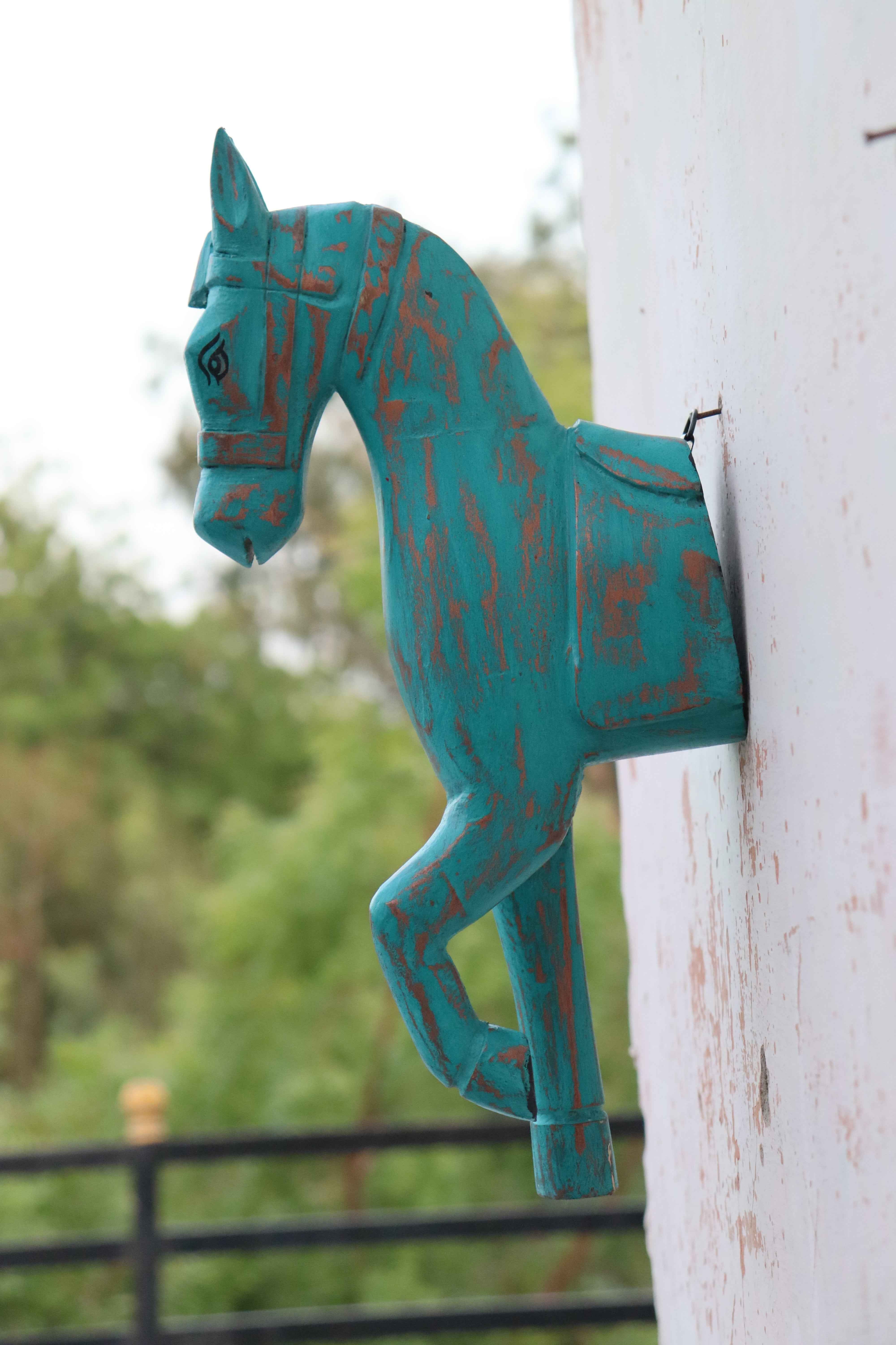KB ART Turquoise Blue Horse Wall Decor - 16-Inch Distressed Wooden Wall Hanging with Golden Touch | Handcrafted Vintage-Style Rustic Indian Home Decor