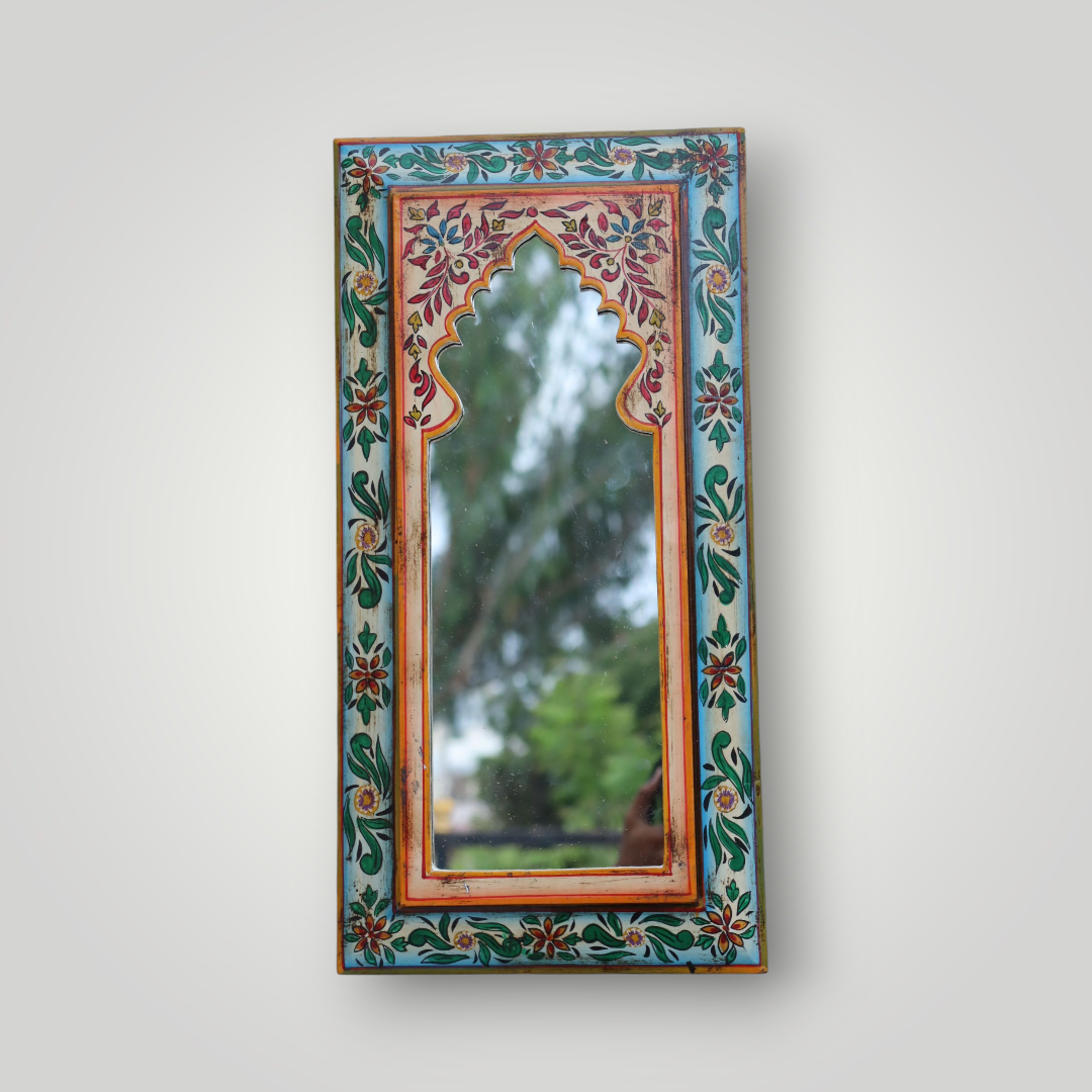 KB ART Multicolor Handpainted Wooden Wall Mirror – 9.5x19 Inch  | Traditional Misri Art Arch Mirror | Jharokha Boho Decor Frame