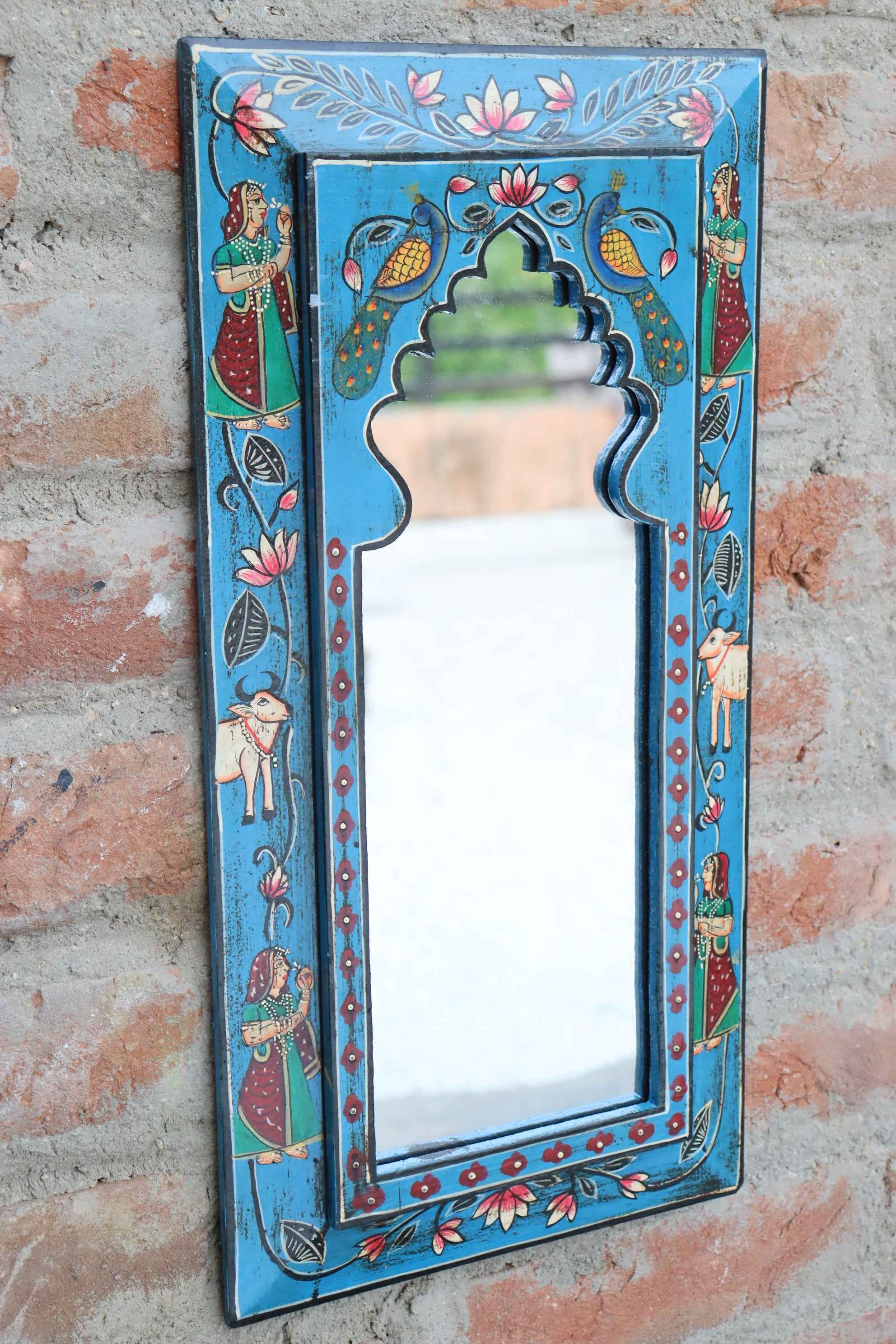KB ART Jodhpuri Blue Handpainted Wooden Wall Mirror – 9.5x19 Inch  | Pichwai Cow & Lady Design | Arch Jharokha Boho Mirror for Home Décor