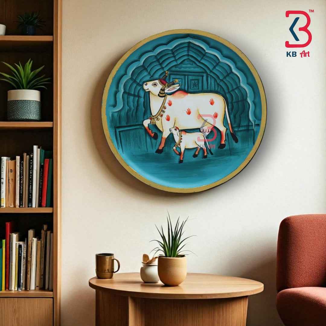 KB ART 12x12 Inch Round Wooden Pichwai Cow Wall Plate  | Handpainted Blue Lotus Cow Art | Traditional Indian Home Decor