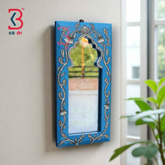 KB ART Handpainted Wooden Wall Mirror – Jodhpuri Blue Pattachitra Arch Frame |  Boho Jharokha Mirror | Traditional Indian Home Decor