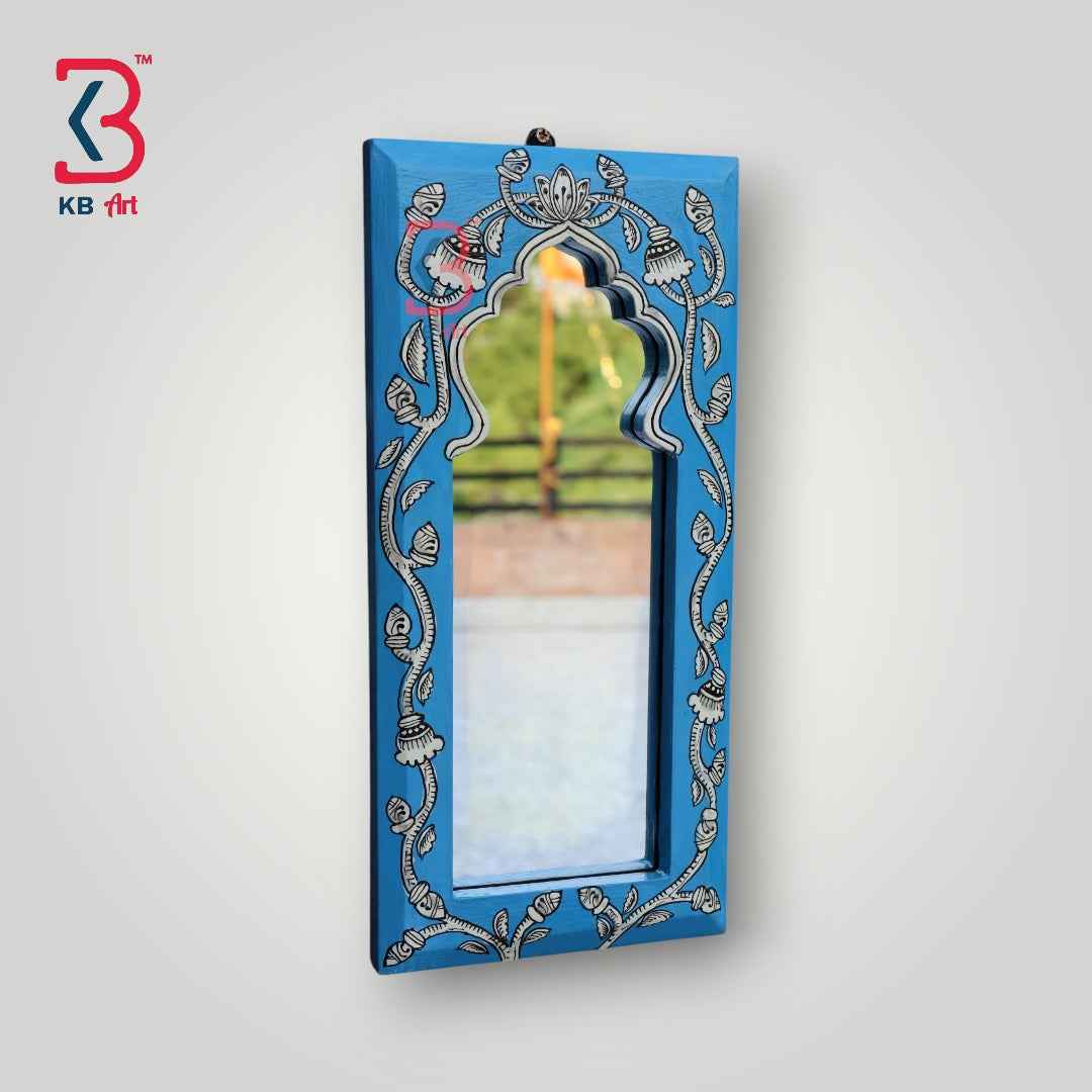 KB ART Handpainted Wooden Wall Mirror – Jodhpuri Blue Pattachitra Arch Frame |  Boho Jharokha Mirror | Traditional Indian Home Decor