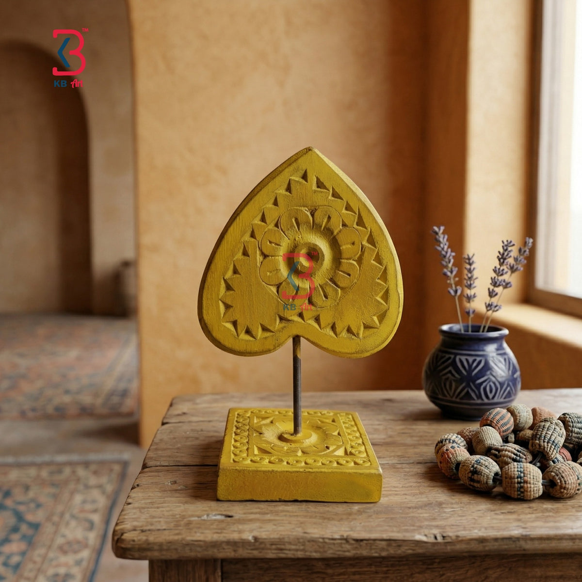 KB ART Yellow Triangle Heart Carved Table Decor - Close-Up of Hand-Carved Artisan Texture - Handcrafted Wooden Decor Jodhpur