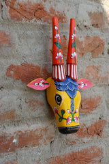 KB ART Wooden Carved Cow Mask Small 11 Inches - Side Angle Showing Finish and Craftsmanship - Handcrafted Wooden Decor Jodhpur