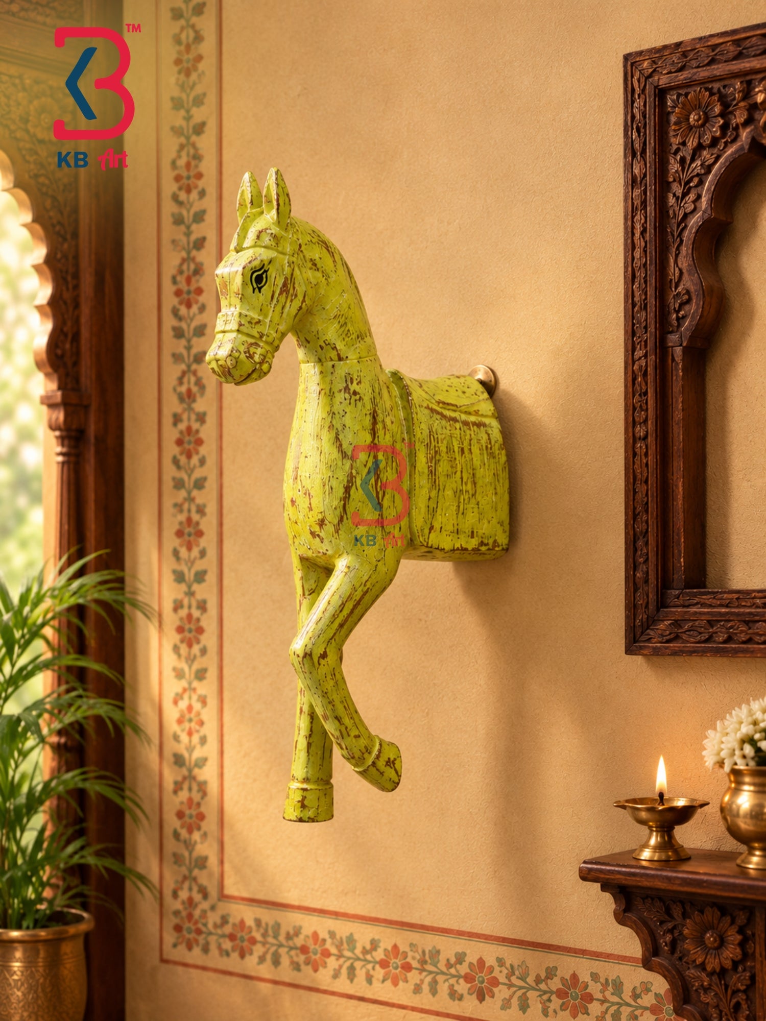 Decorative seven running horses wall sculpture for an elegant living room interior.