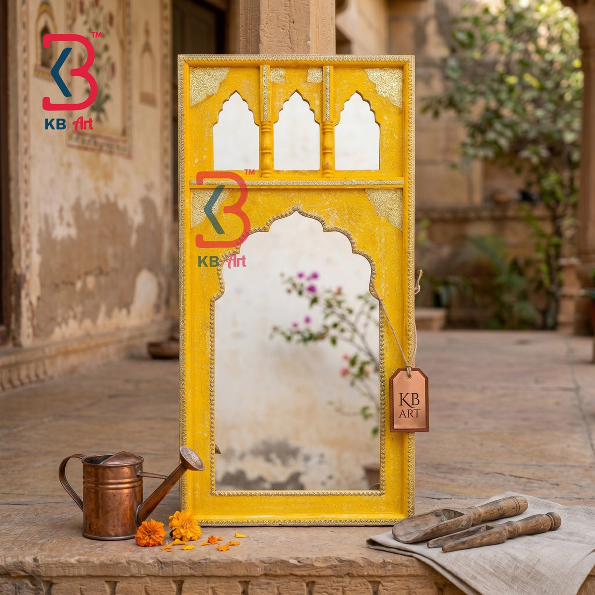 KB ART Yellow Wooden Jharokha Wall Mirror Brass - Front View of Handcrafted Detailing - Handcrafted Wooden Decor Jodhpur
