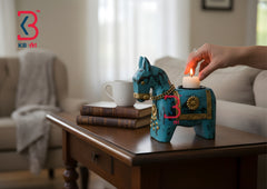 KB ART Blue Horse Tlight Holder - Front View of Handcrafted Detailing - Handcrafted Wooden Decor Jodhpur