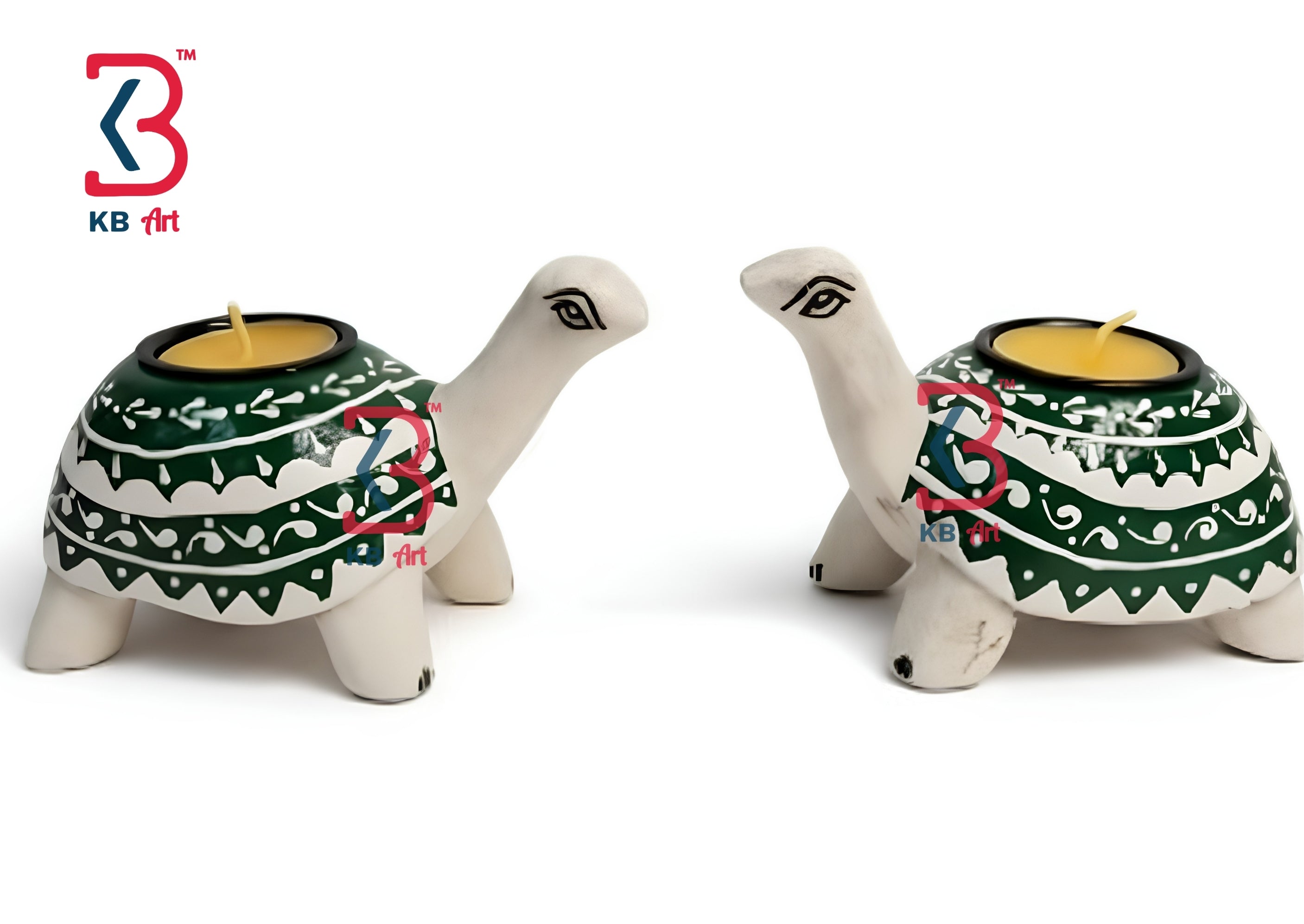 Two turtle-shaped candle holders with decorative patterns on a white background, featuring the KBart logo.