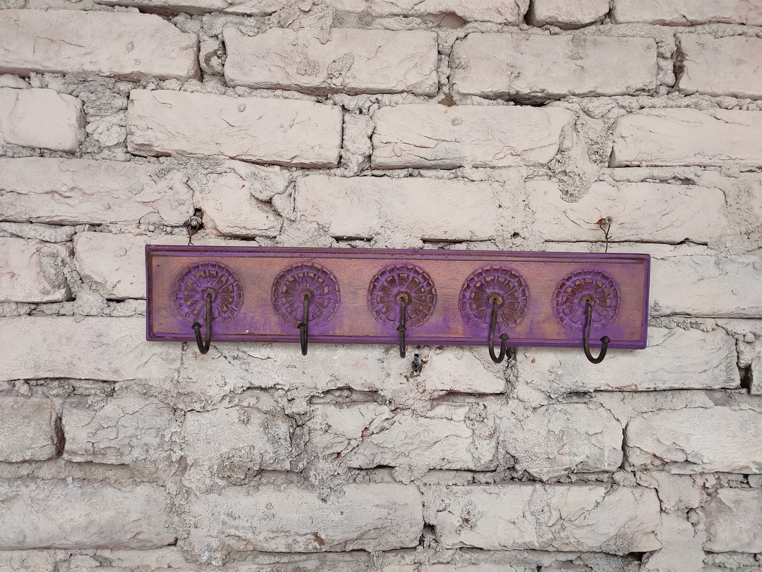 KB ART Purple Wheel Carved Wooden Wall Hook Rack - Side Angle Showing Finish and Craftsmanship - Handcrafted Wooden Decor Jodhpur