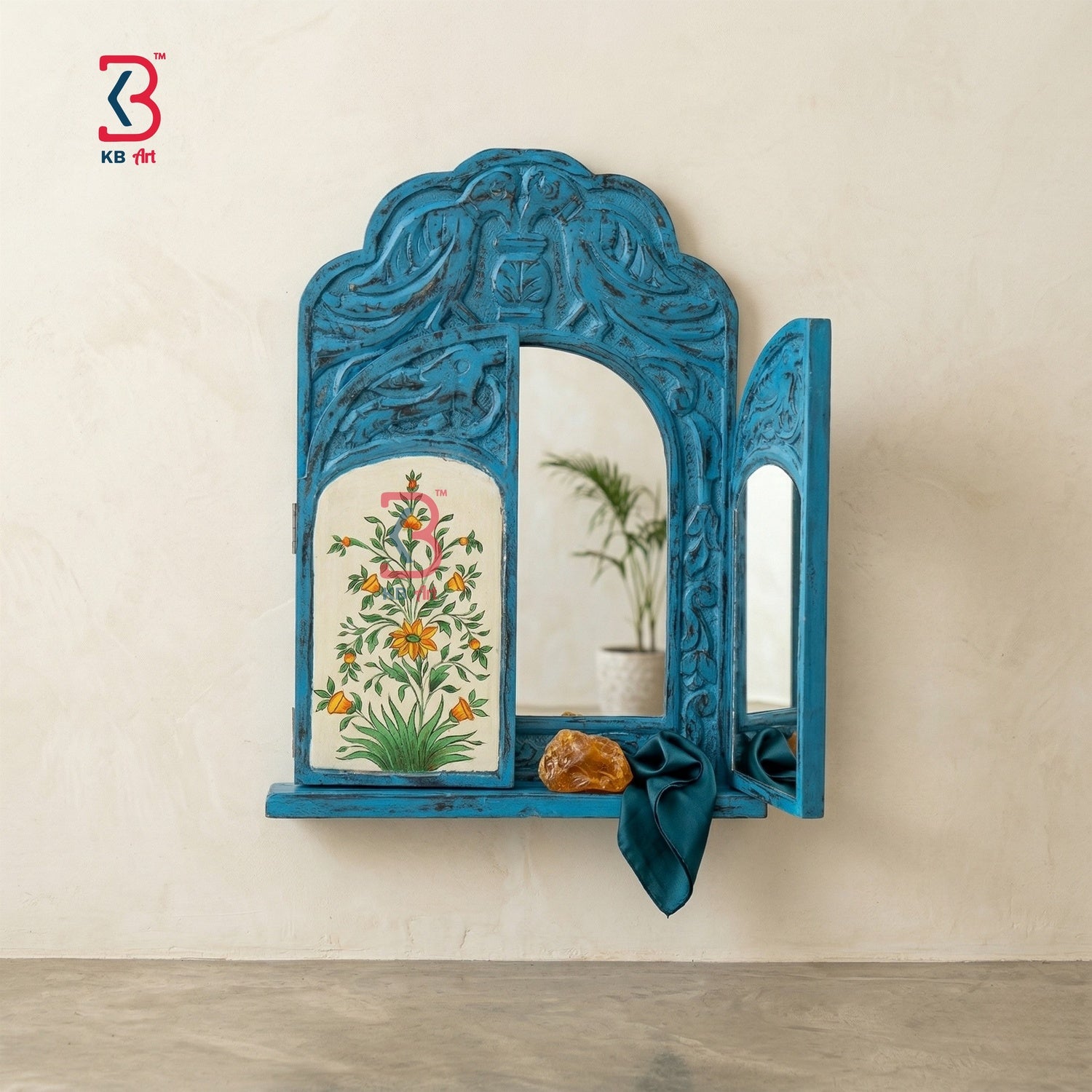 KB ART Wooden Antique Window Jharokha Mirror - Close-Up of Hand-Carved Artisan Texture - Handcrafted Wooden Decor Jodhpur