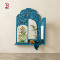KB ART Wooden Antique Window Jharokha Mirror - Close-Up of Hand-Carved Artisan Texture - Handcrafted Wooden Decor Jodhpur