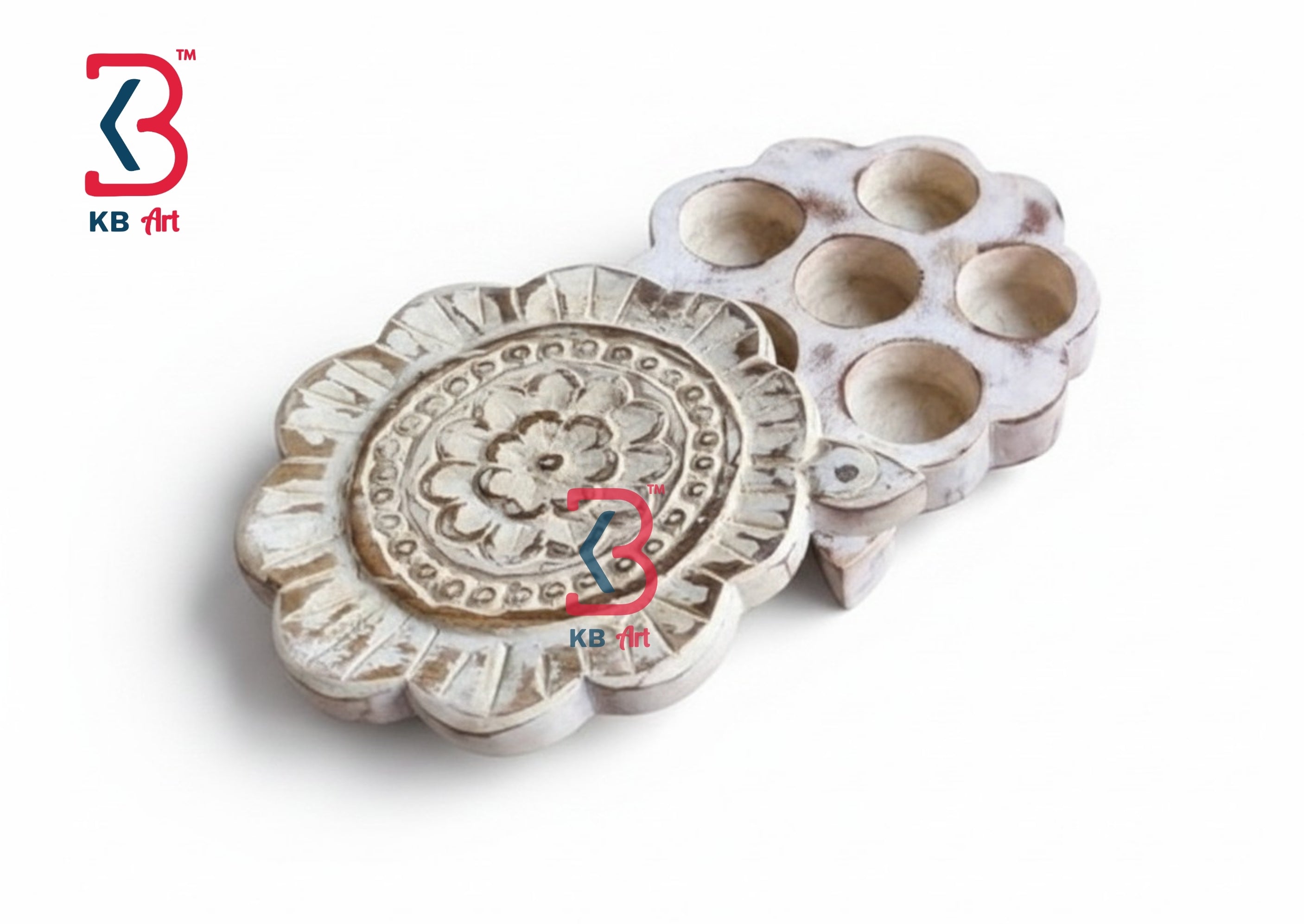 KB ART Wooden Carved Masala Box Flower Shape - Front View of Handcrafted Detailing - Handcrafted Wooden Decor Jodhpur