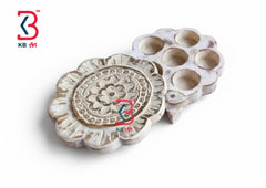 KB ART Wooden Carved Masala Box Flower Shape - Front View of Handcrafted Detailing - Handcrafted Wooden Decor Jodhpur