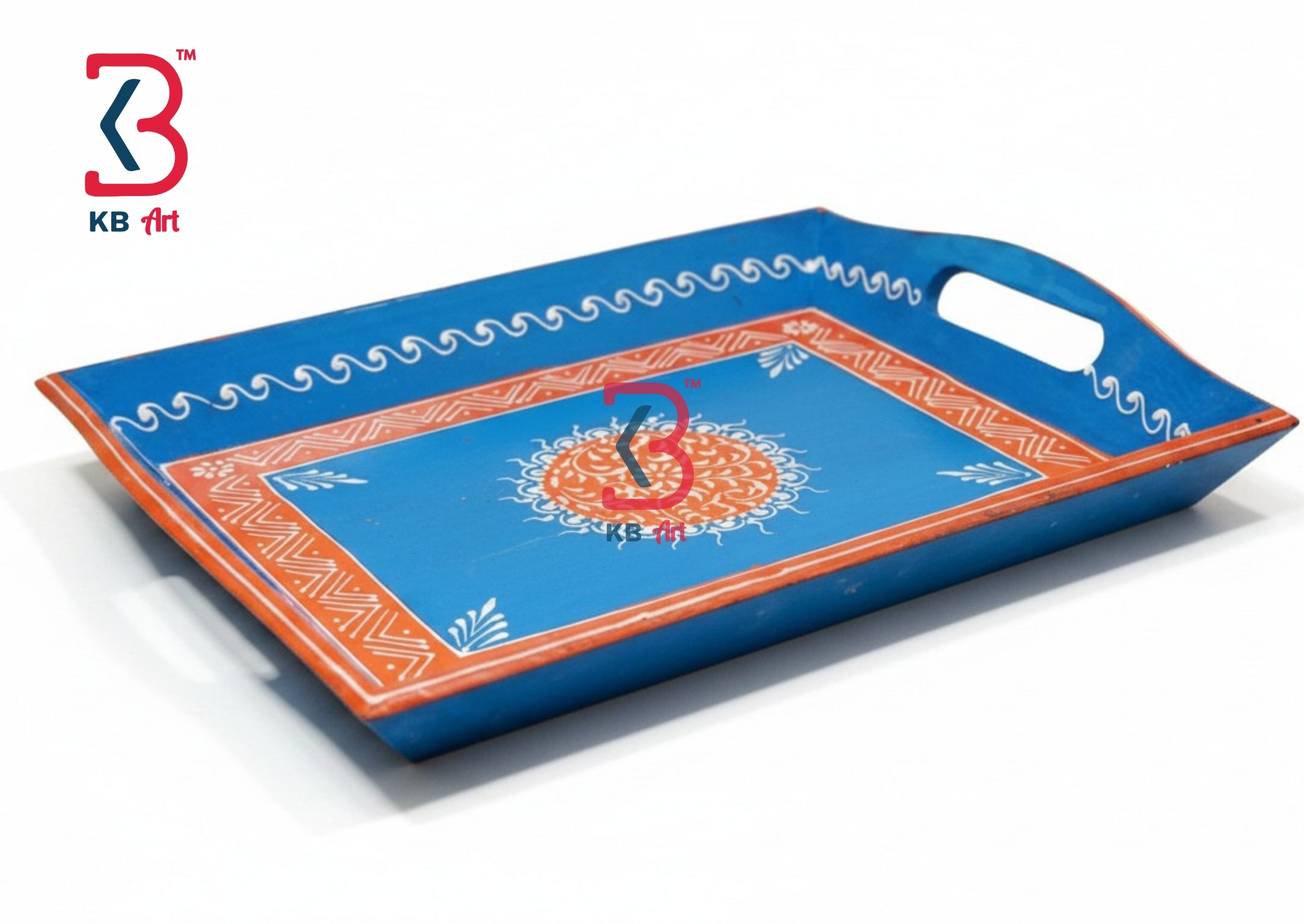 KB ART Hand Painted Blue Mdf Serving Tray - Front View of Handcrafted Detailing - Handcrafted Wooden Decor Jodhpur