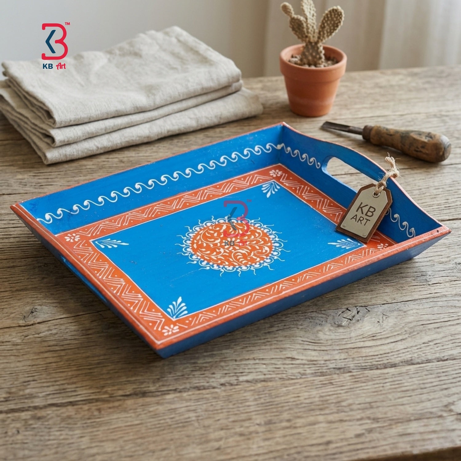 KB ART Hand Painted Blue Mdf Serving Tray - Close-Up of Hand-Carved Artisan Texture - Handcrafted Wooden Decor Jodhpur