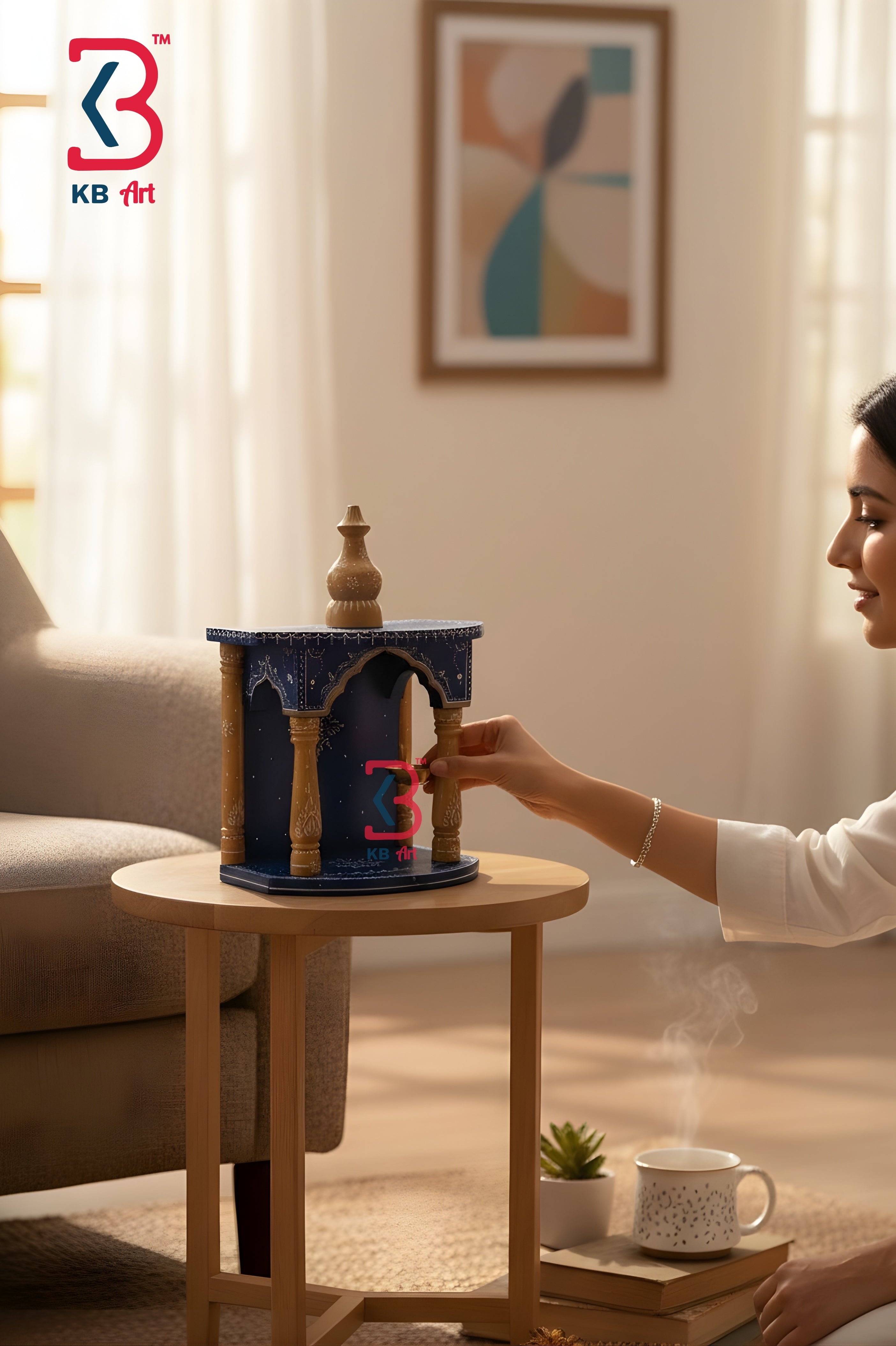 KB ART Wooden Small Temple - Styled Display in Home Interior Setting - Handcrafted Wooden Decor Jodhpur