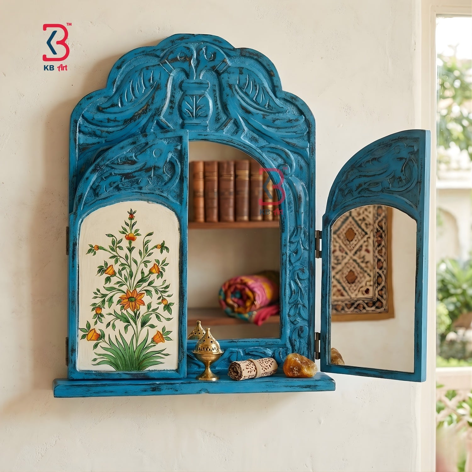 KB ART Wooden Antique Window Jharokha Mirror - Complete Product View on Plain Background - Handcrafted Wooden Decor Jodhpur