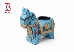 KB ART Blue Horse Tlight Holder - Styled Display in Home Interior Setting - Handcrafted Wooden Decor Jodhpur
