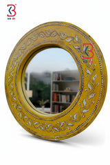 KB ART Wooden Round Yellow Mirror - Front View of Handcrafted Detailing - Handcrafted Wooden Decor Jodhpur