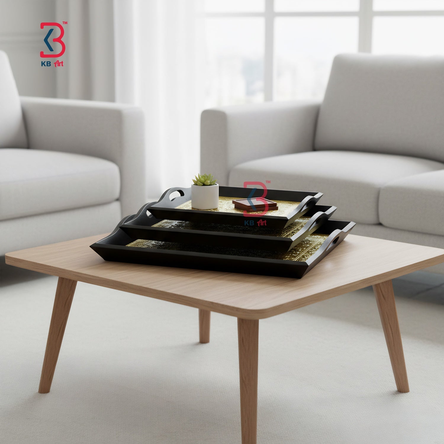 Wooden coffee table with black trays in a living room setting