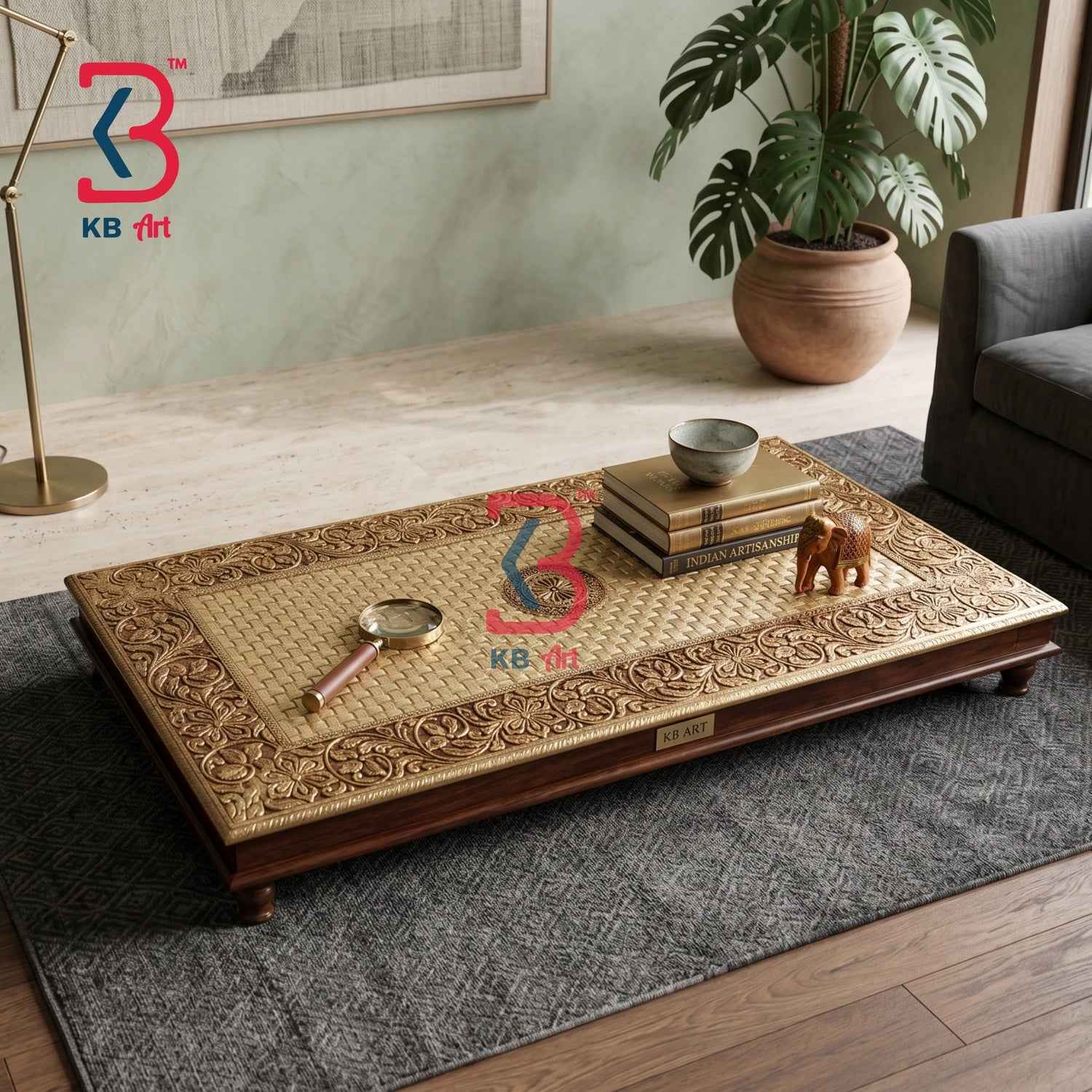 Antique Brass Fitted Wooden Chowki - Hand-Carved Rajasthani Bajot for Pooja & Decor | KB ART