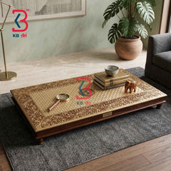 Antique Brass Fitted Wooden Chowki - Hand-Carved Rajasthani Bajot for Pooja & Decor | KB ART