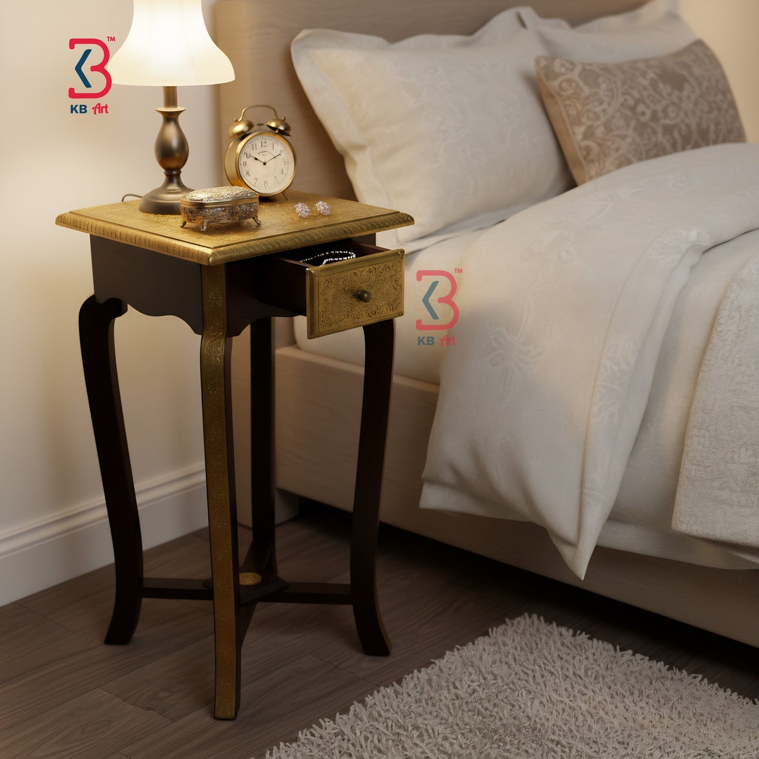 Wooden nightstand with lamp, clock, and other items next to a bed in a bedroom setting.