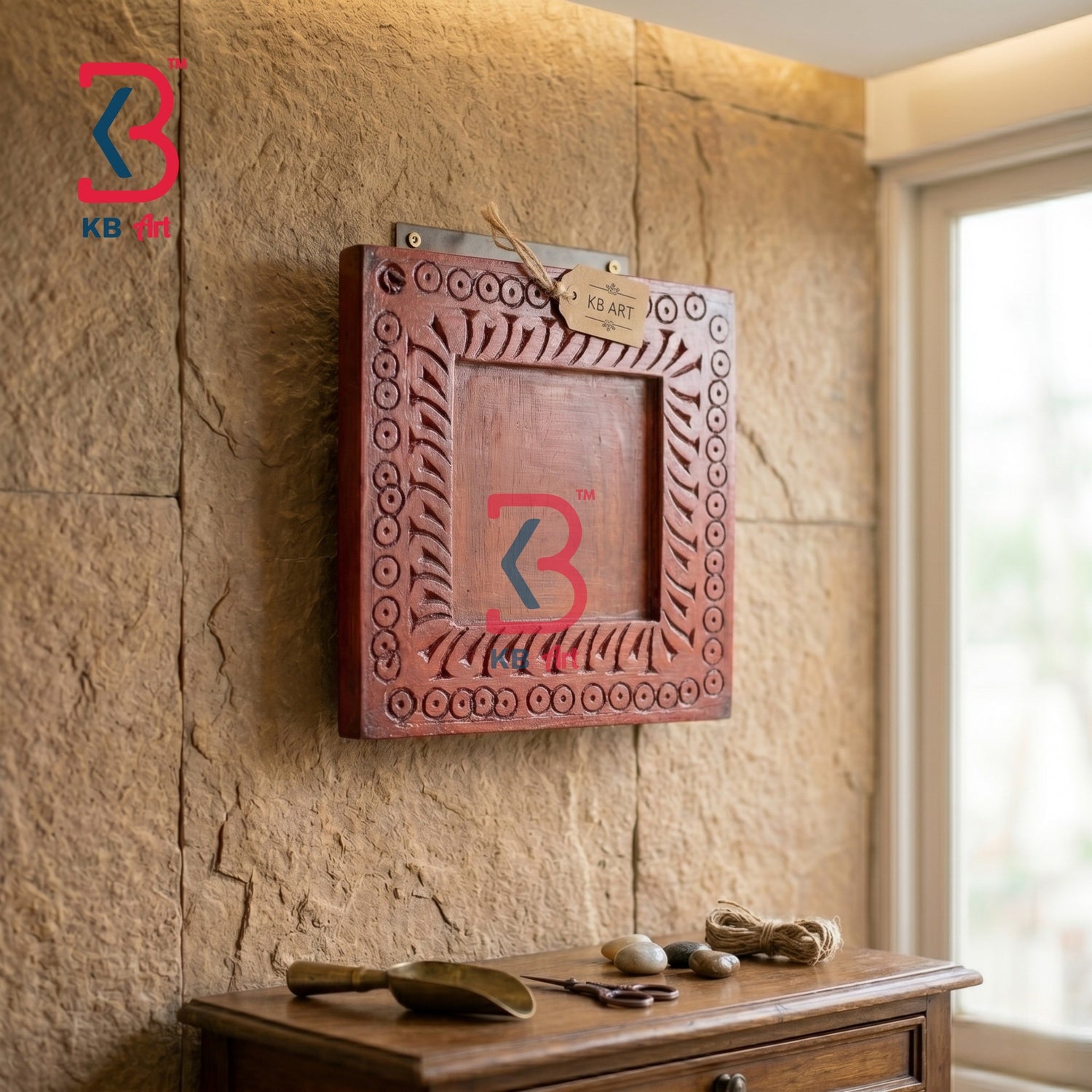 KB ART Wooden Carved Square Panel Natural Brown - Front View of Handcrafted Detailing - Handcrafted Wooden Decor Jodhpur