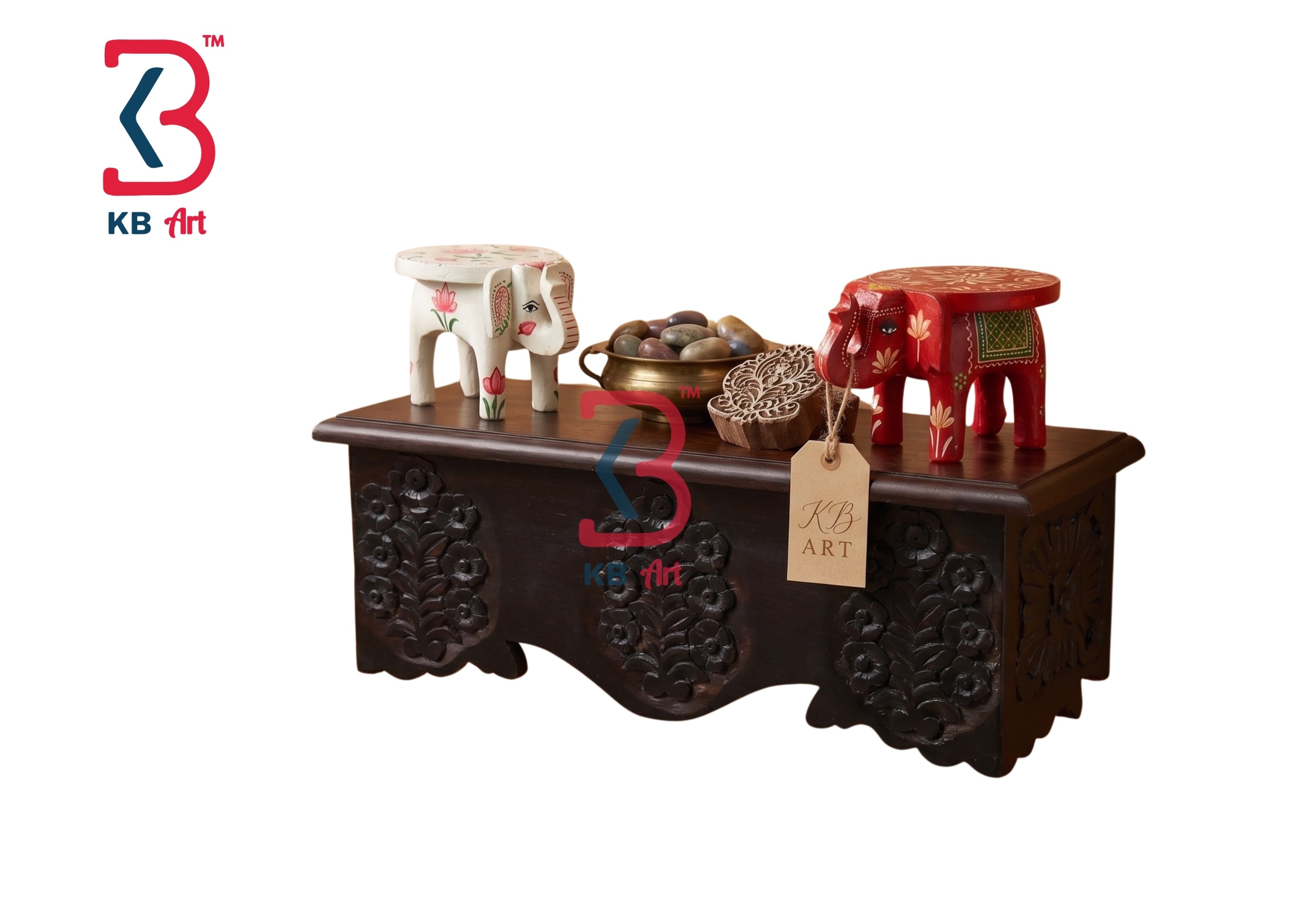 KB ART Brown Polished Floral Shelf - Close-Up of Hand-Carved Artisan Texture - Handcrafted Wooden Decor Jodhpur