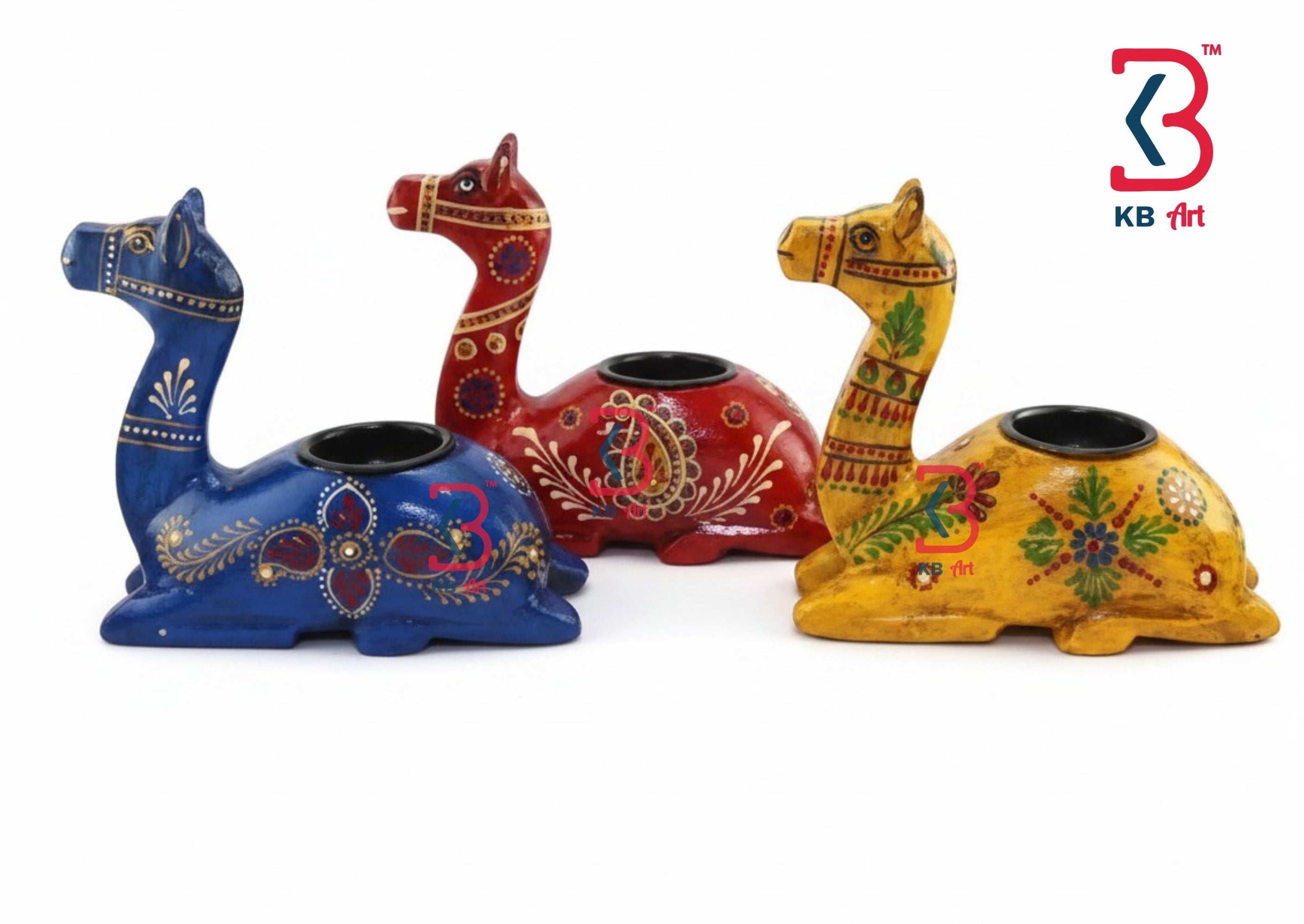 KB ART Set Of 3 Colorful Hand Painted Wooden Camel Tealight Holders Festive Decor - Styled Display in Home Interior Setting - Handcrafted Wooden Decor Jodhpur