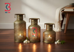 KB ART Antique Finish Iron Lantern Set - Styled Display in Home Interior Setting - Handcrafted Wooden Decor Jodhpur