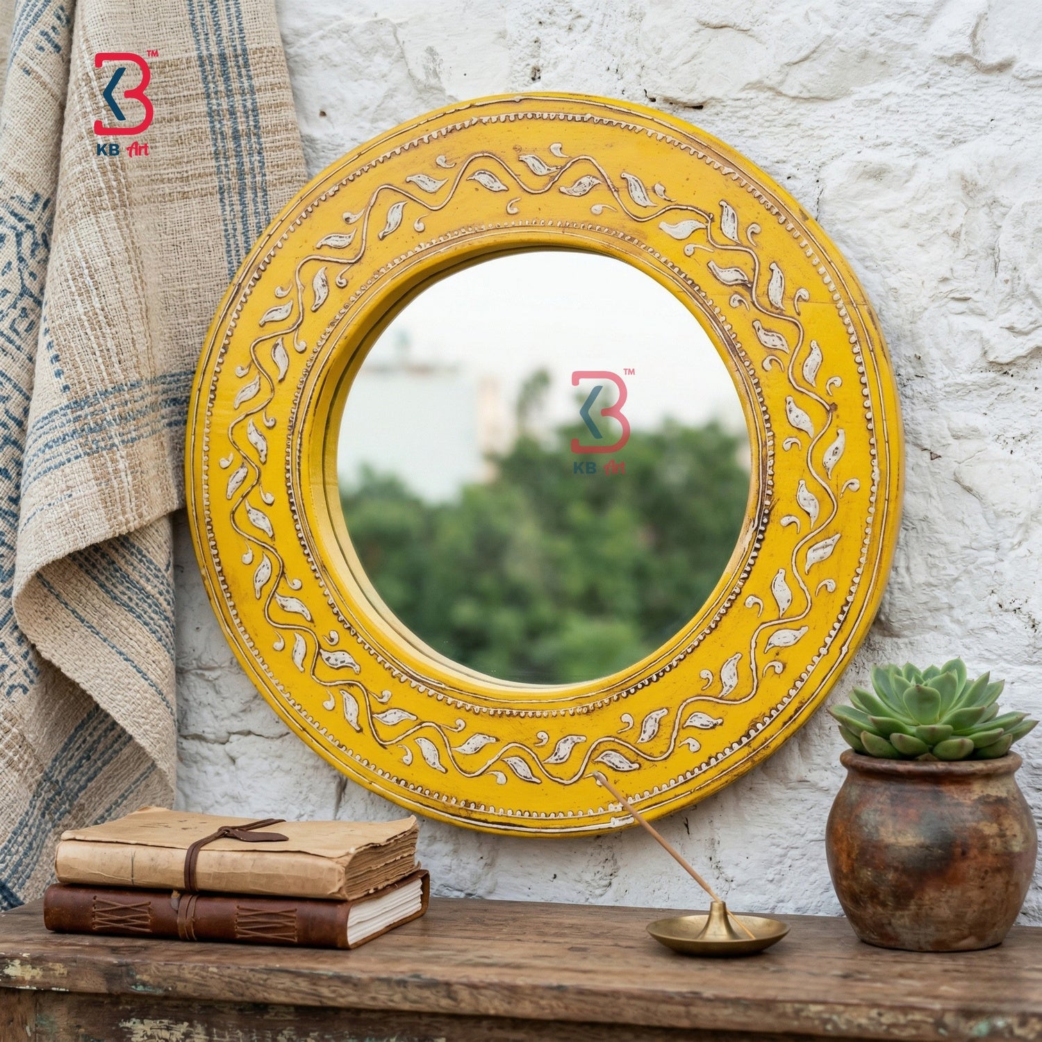 KB ART Wooden Round Yellow Mirror - Side Angle Showing Finish and Craftsmanship - Handcrafted Wooden Decor Jodhpur