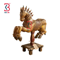KB ART Wooden Antique 5 Feet Jumping Horse - Close-Up of Hand-Carved Artisan Texture - Handcrafted Wooden Decor Jodhpur