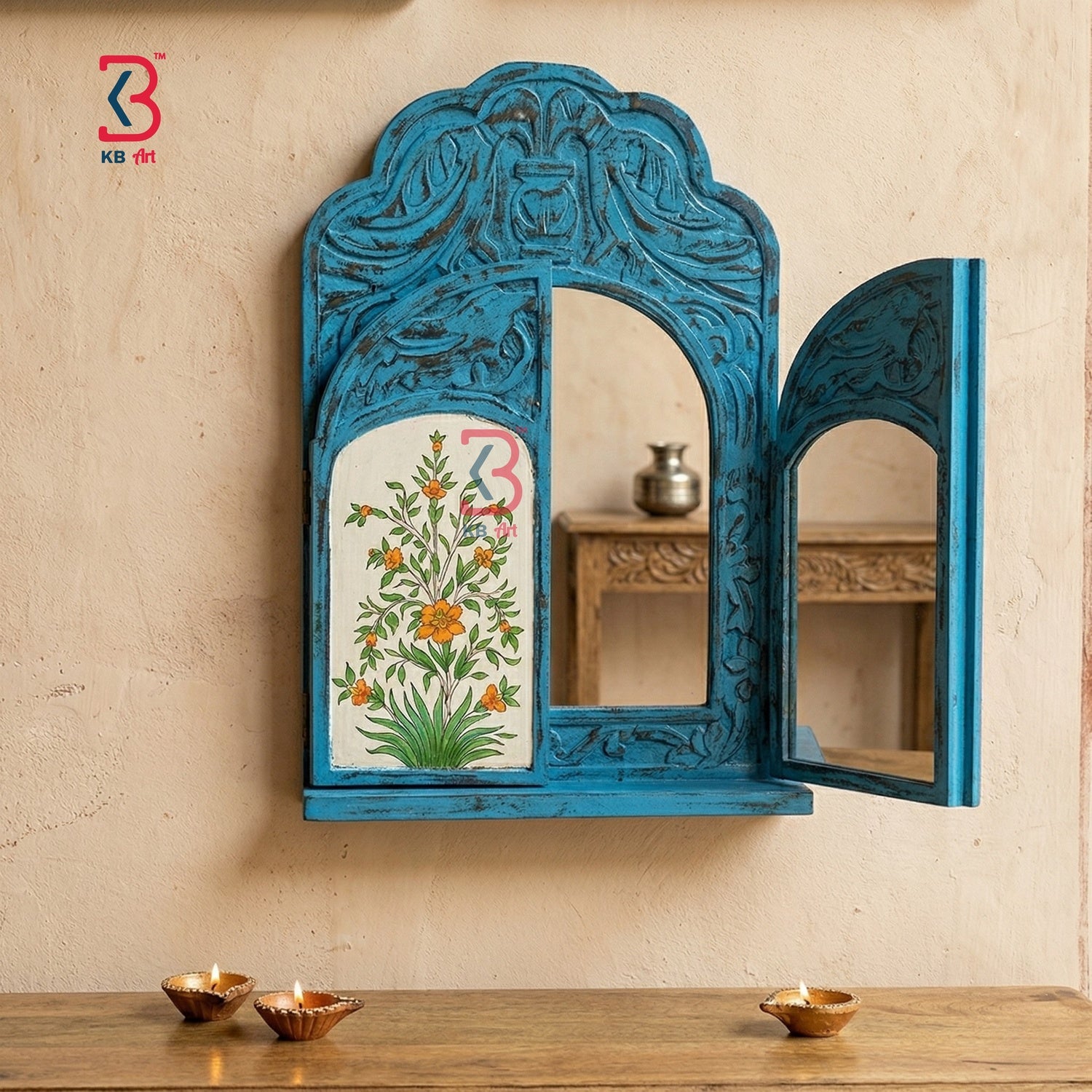 KB ART Wooden Antique Window Jharokha Mirror - Side Angle Showing Finish and Craftsmanship - Handcrafted Wooden Decor Jodhpur